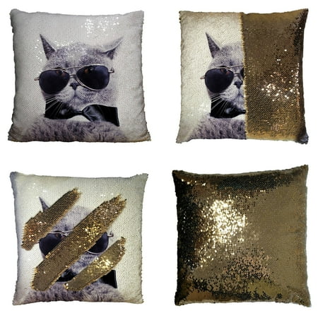- GCKG Funny Cat Pillowcase, Portrait of British Shorthair Gray Cat Wearing Sunglass Reversible Mermaid Sequin Pillow Case Home Decor Cushion Cover 16x16 inches