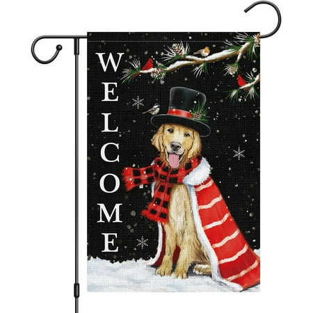 Welcome Winter Garden Flag 28x40 inch Double Sided Burlap, Golden Retriever Dog Garden Flags Christmas Cardinals Rustic Farmhouse Yard Flags for Seasonal Xmas Holiday Decoration