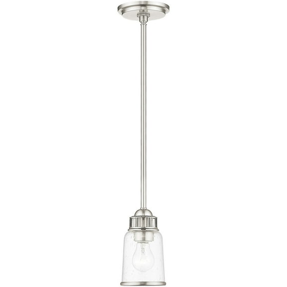 1 Light Brushed Nickel Mini Pendant with Hand Blown Clear Seeded Glass Shade