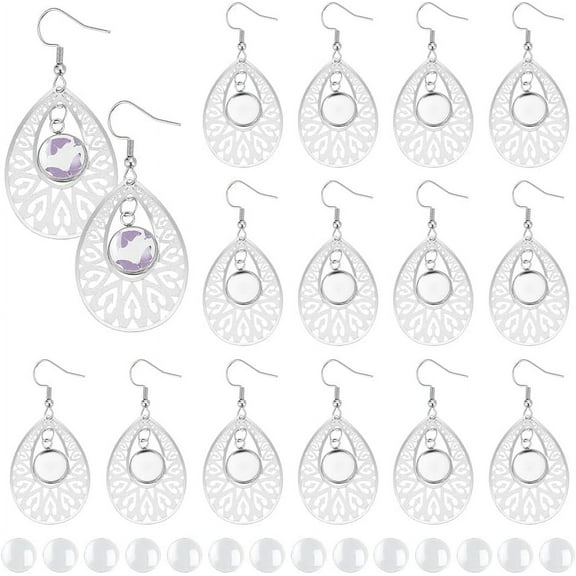 30 Sets 304 Stainless Steel Teardrop Dangle Earring Making KitsBlank Dome Dangle Earrings Transparent Glass Cabochon Cabochon Settings Ear Hooks with Glass Cabochon