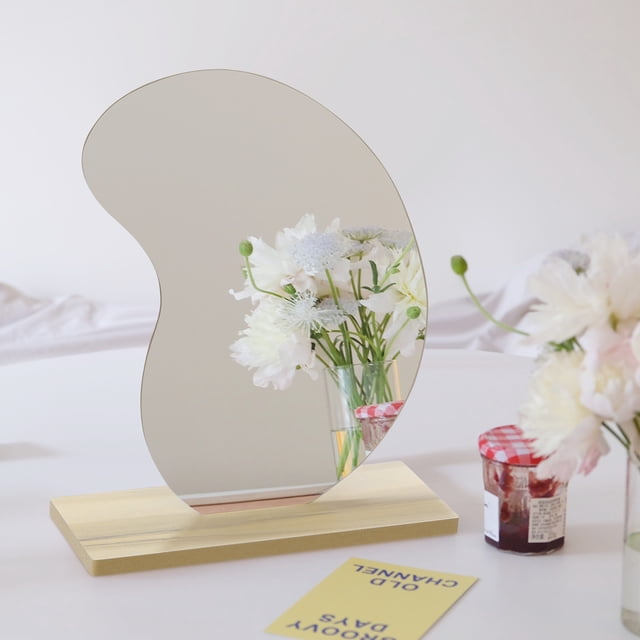 Fiudx Espejo de Maquillaje de Sobremesa Estilo Europeo, Espejo Acrílico con Claridad Sin Distorsión, Elegante Base de Madera, Decoración Del Hogar y Tocador, Regalo para Ella, Tamaño Compacto de 19,5