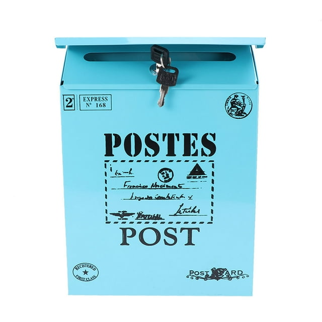 MasteelfCA Wall Hanging Mounted Locking Mailbox Vintage Drop Iron Letterbox Post Box with Keys (Blue)