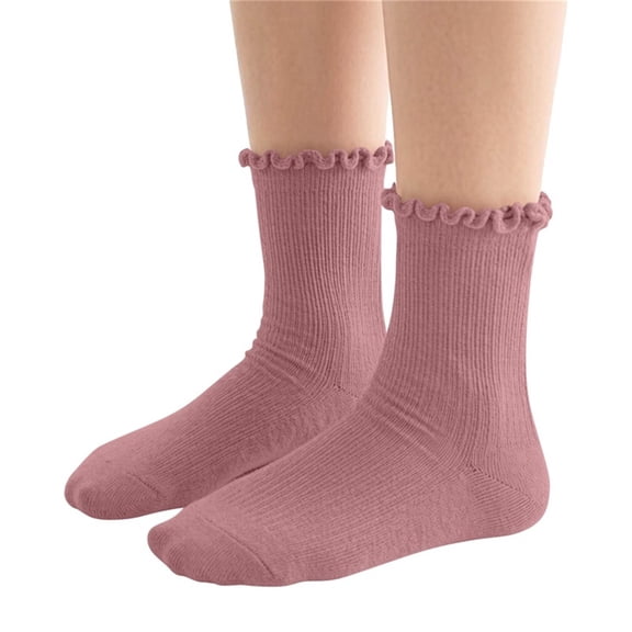 Girls Ruffled Edge Crew Socks Solid Color Ribbed Knit Soft Breathable Mid Calf Socks, Cute Frilly Cuff Casual Socks for Daily Fall Winter Wear Pink 3-5 Years