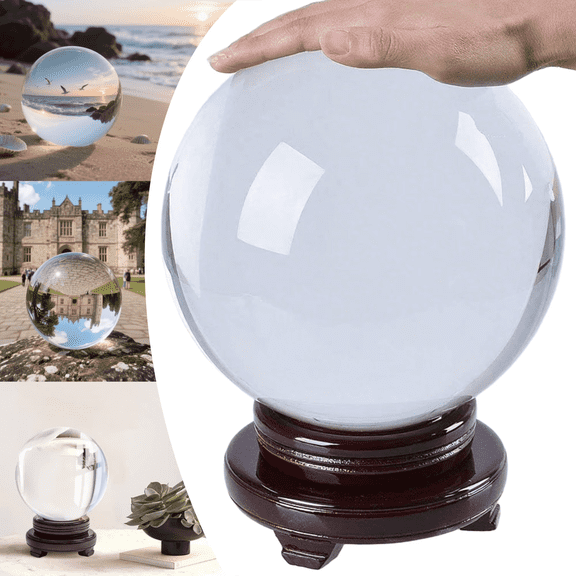 Qunbio 7.9" Clear Crystal Ball, 200mm Large Glass Sphere with Wood Stand for Home Decor and Gifts