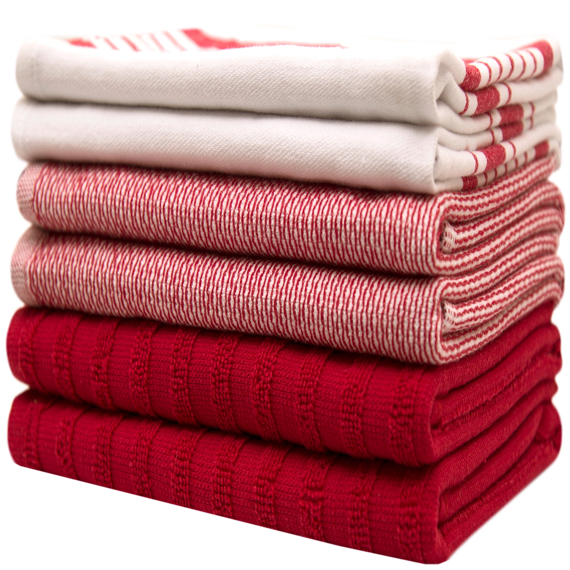 Premium Kitchen Towels (20”x 28”, 6 Pack) – Large Cotton Kitchen Hand Towels – Striped Flat & Terry Towel – Highly Absorbent Tea Towels Set with Hanging Loop – Red
