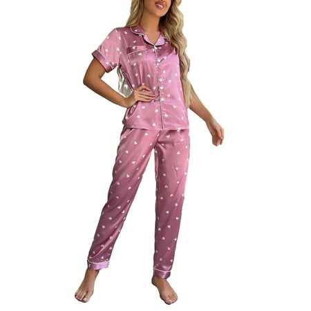 

2pcs Set Cute Lapel Neck PJ Pant Sets Short Sleeve Mauve Purple Women s Pajama Sets (Women s)