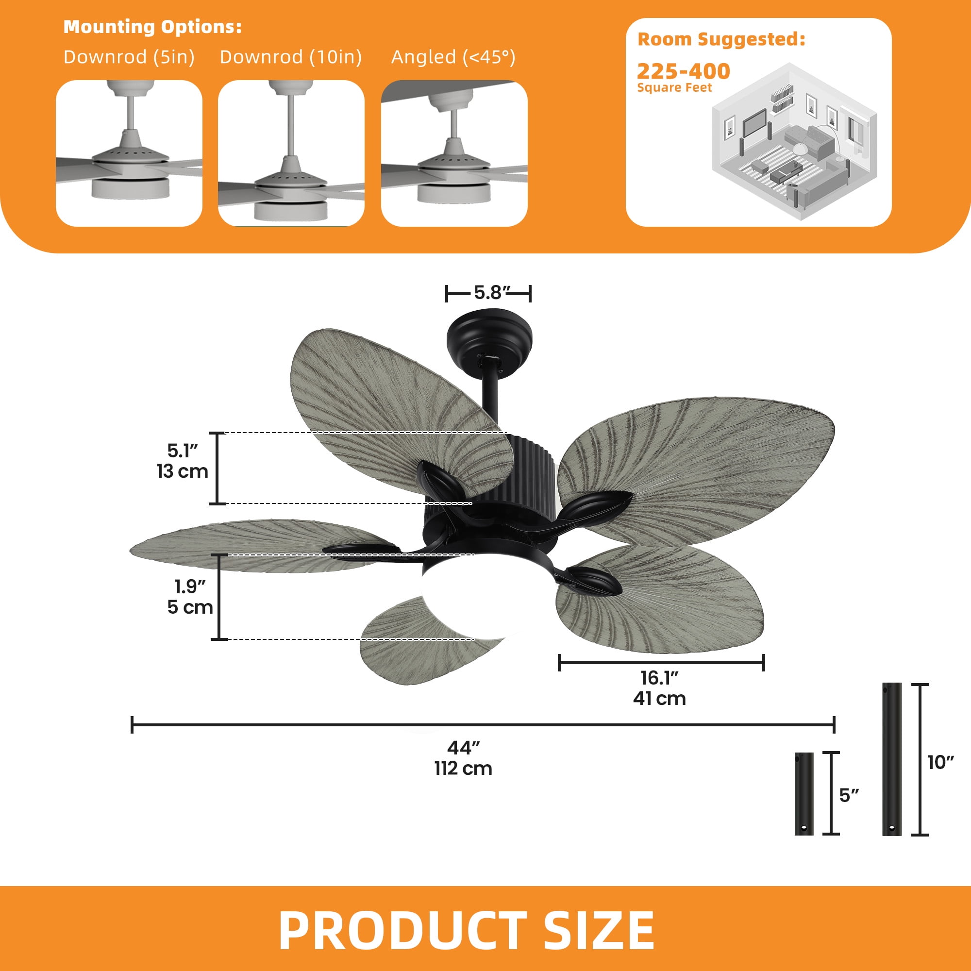 Craftian 44"  Tropical Ceiling Fan with Lights and Remote,5 Palm Leaf Blades, 3-Color LED, Timer & Memory, Indoor/Outdoor - Gray