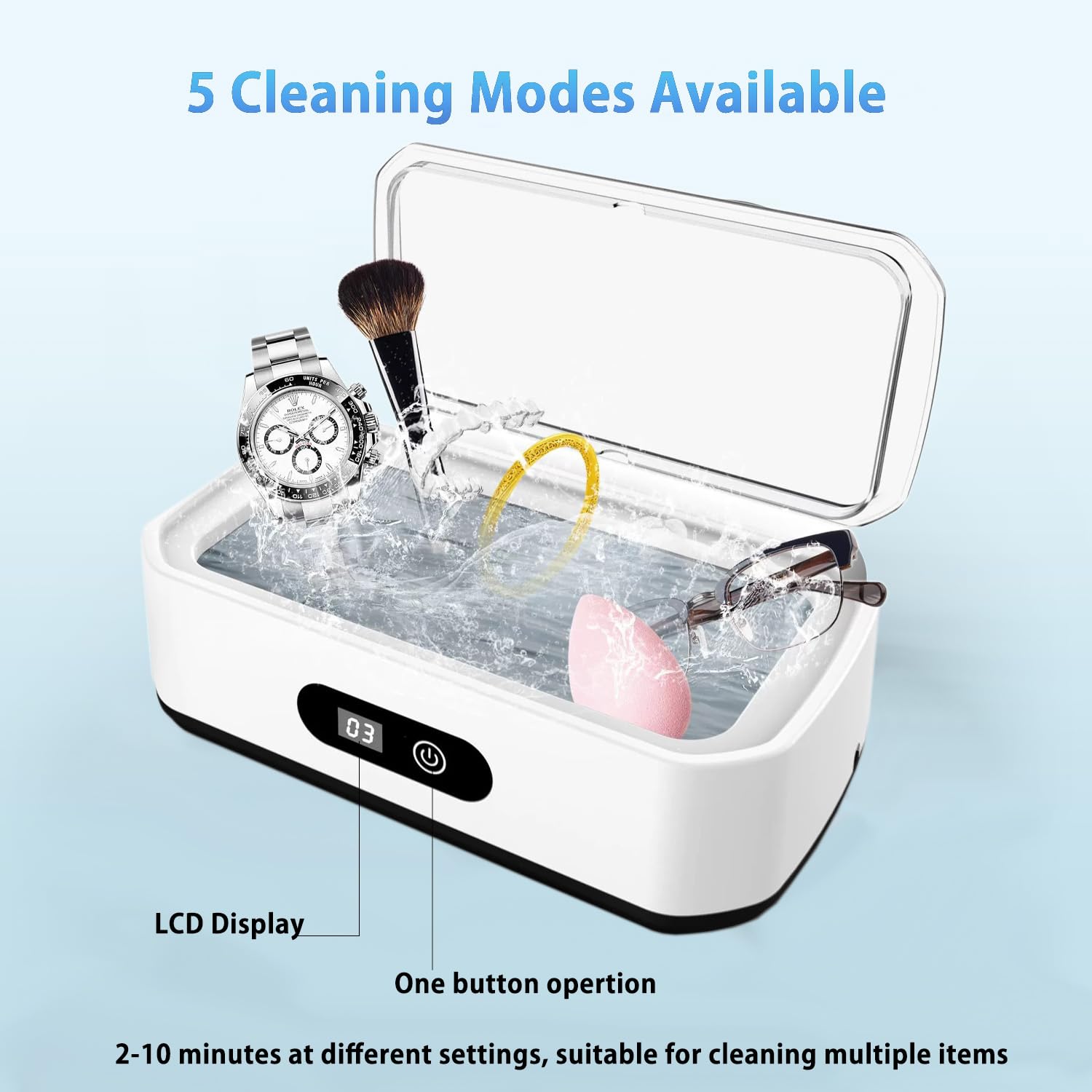Ultrasonic Jewelry Cleaner, 48KHz Ultrasonic Cleaner Machine for Jewelry, 304 Stainless Steel 12oz Cleaning Pod for Glasses, Rings, Retainers, Watch Strap, Dentures