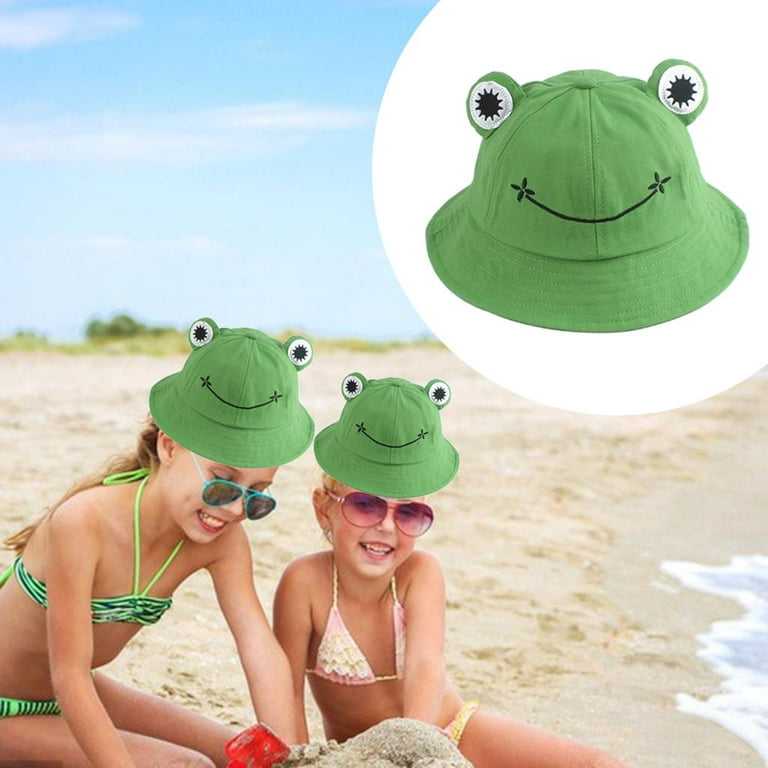 Cute Frog Bucket Hat Fisherman Sun Bucket Hat Wide Brim Beach Hat Green