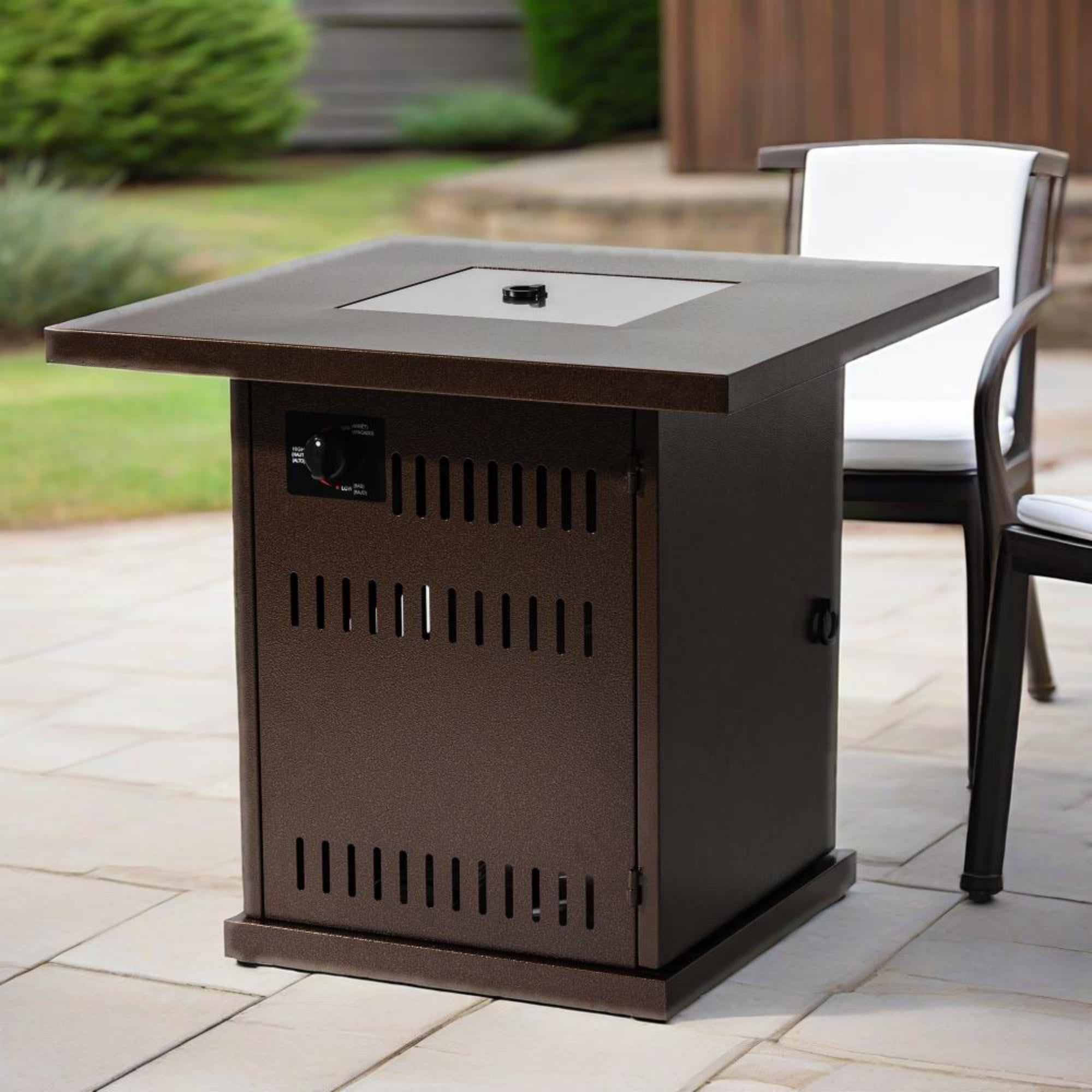 28" Fire Pit Table, Propane Fire Pit with Lid, Lava Rocks, 50000 BTU Outdoor Gas Fire Pit, Metal Square Propane Fire Pit for Outside Garden Backyard Deck Patio, Brown, LLL4008