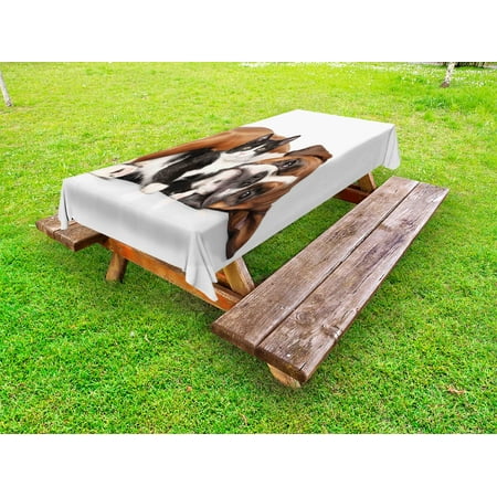 

Funny Outdoor Tablecloth Cat and Dog Cuddling Lying on Floor Friendship Theme Cute Animals Togetherness Decorative Washable Fabric Picnic Tablecloth 58 X 104 Inches Brown Black White by Ambesonne