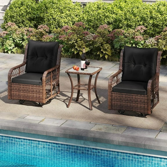 Auranook 3 Pieces Patio Furniture Set, PE Wicker Swivel Glider Chairs with 2-Tier Side Table and Cushions, Outdoor Rocking Bistro Set