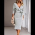 thumbnail image 4 of Vestido de Suéter de Larga para Mujer, Vestido Ajustado con Abertura Lateral, Otoño, Midi, , Escote en V Profundo, Ajustado, Gris L, 4 of 8