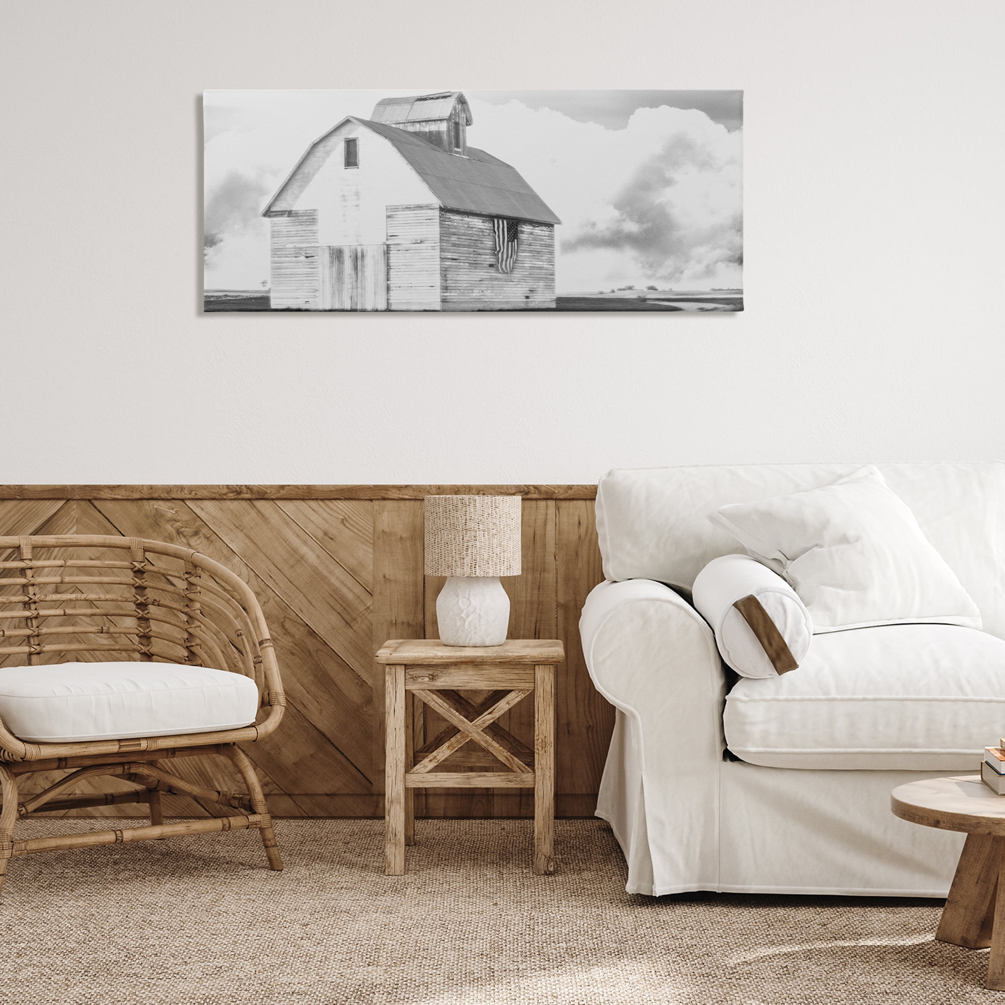 Stupell Industries USA Flag on Barn Patriotic Painting Wrapped Canvas Art Print Wall Art, 48 x 20