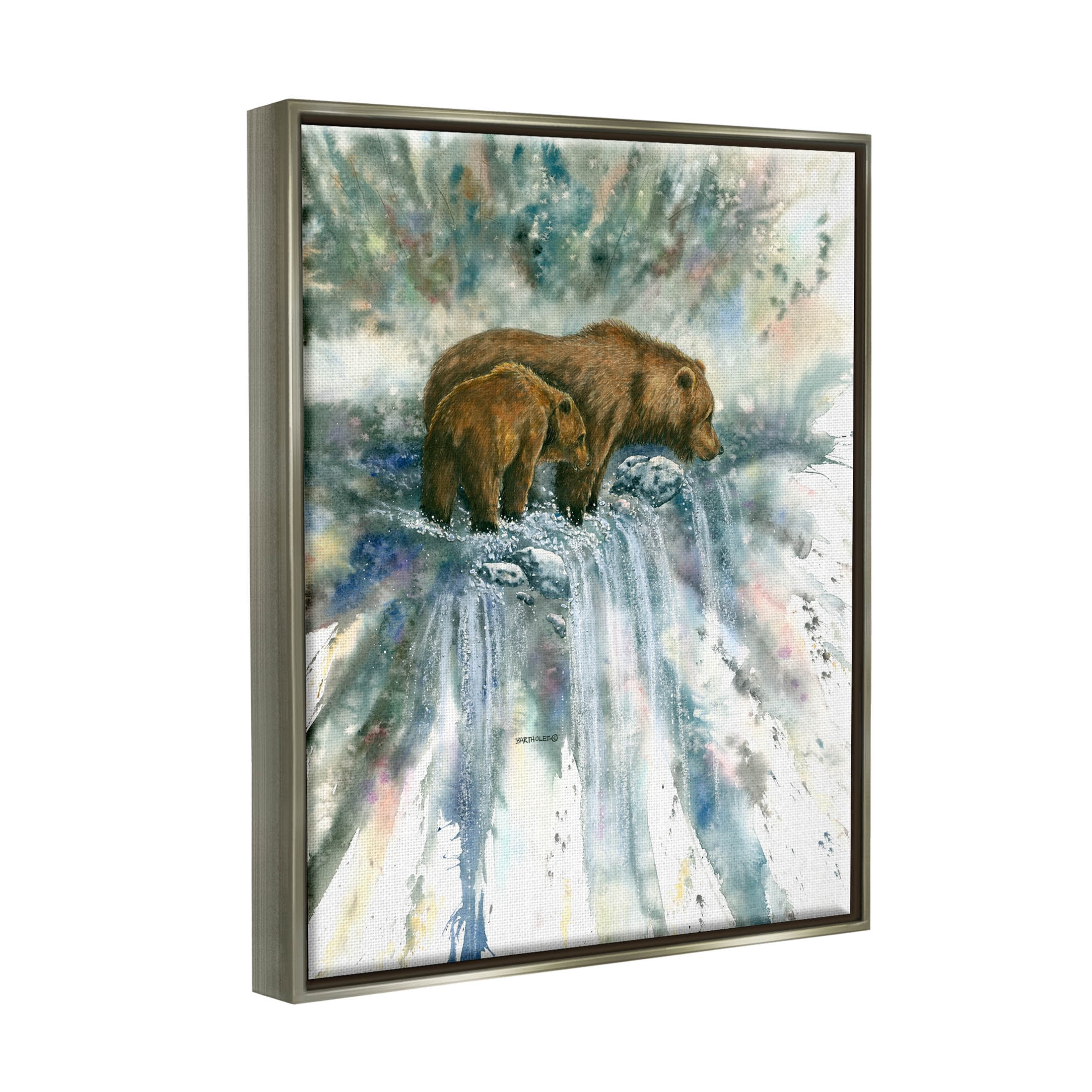 Two Bears Waterfall Nature Animals & Insects Graphic Art Luster Gray Framed Art Print Wall Art