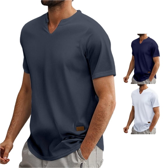 XIAONU Men's Notch V Neck T Shirt Short Sleeve Ribbed Knit Everyday Top
