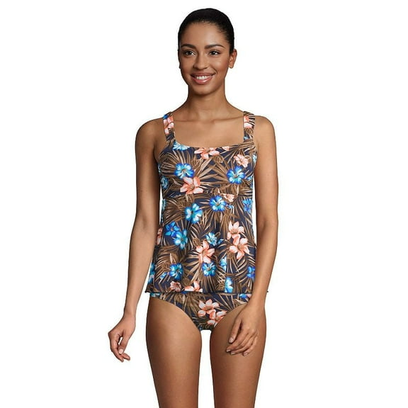 Lands' End Womens Chlorine Resistant Flutter Scoopneck Tankini Top Deep Sea Navy Tropic Palm Regular Large