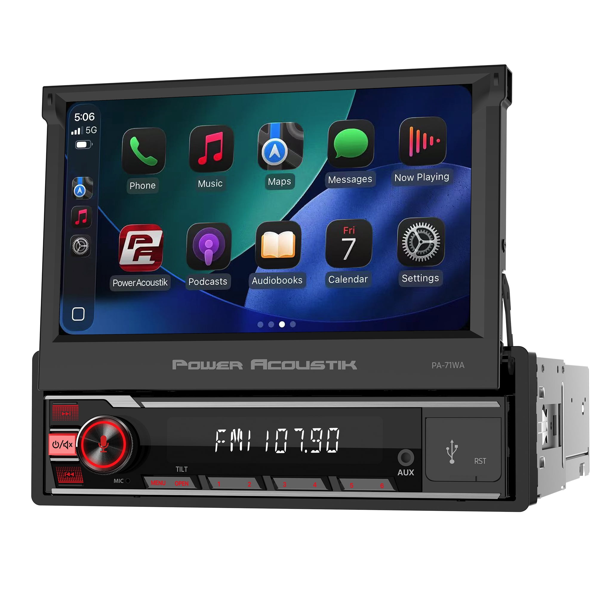 Power Acoustik PA-71WA Single DIN Car Stereo – 7” Touchscreen, Wireless Apple CarPlay & Android Auto, Bluetooth 5.0, USB Media Input, Backup Camera Ready