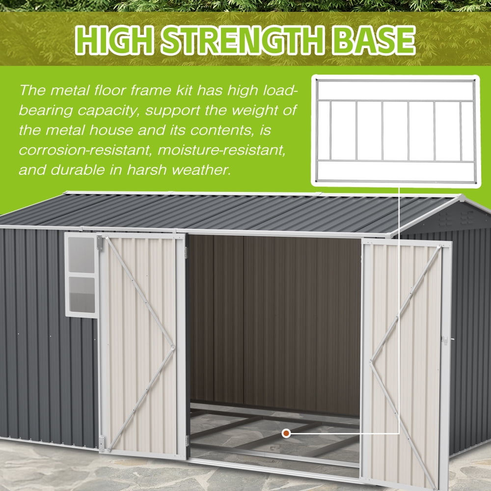8x12 FT Steel Storage Shed, With Floor frame，Hinged Gray Doors & 4 Ventilation Openings with Window for Patio & Garden Use