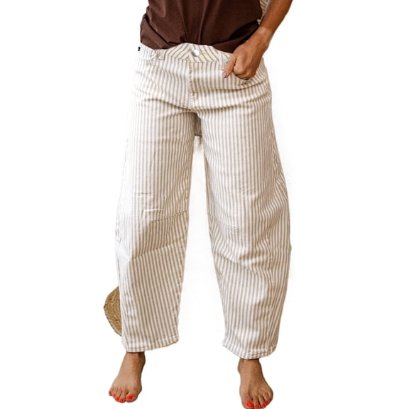 TinyCribz Women's Khaki Stripe Casual Barrel Jeans – Comfortable Wide Leg Style for Everyday Wear 16