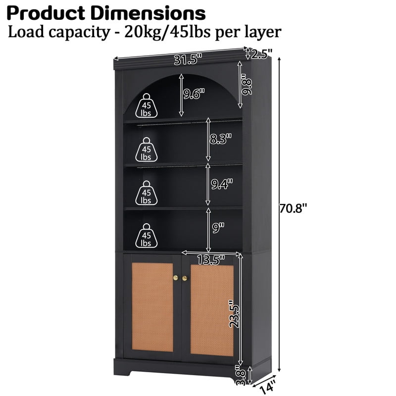 2-Door Wooden Display Bookshelf Office Hutch, Bookcase with 4-Layer LED Lighting Shelves, Storage Cabinet with Adjustable Shelf