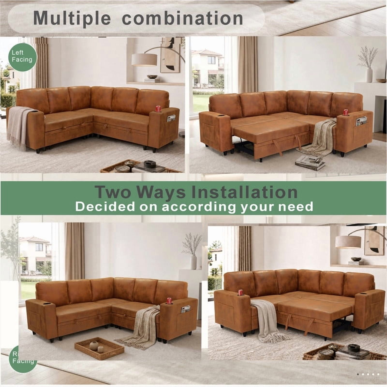 L-Shape Sectional Sofa with Pull-Out Sleeper Bed, Storage Chaise, Cup Holders & Side Pockets, Convertible Corner Sofa Couch for Living Room, Apartment & Guest Room