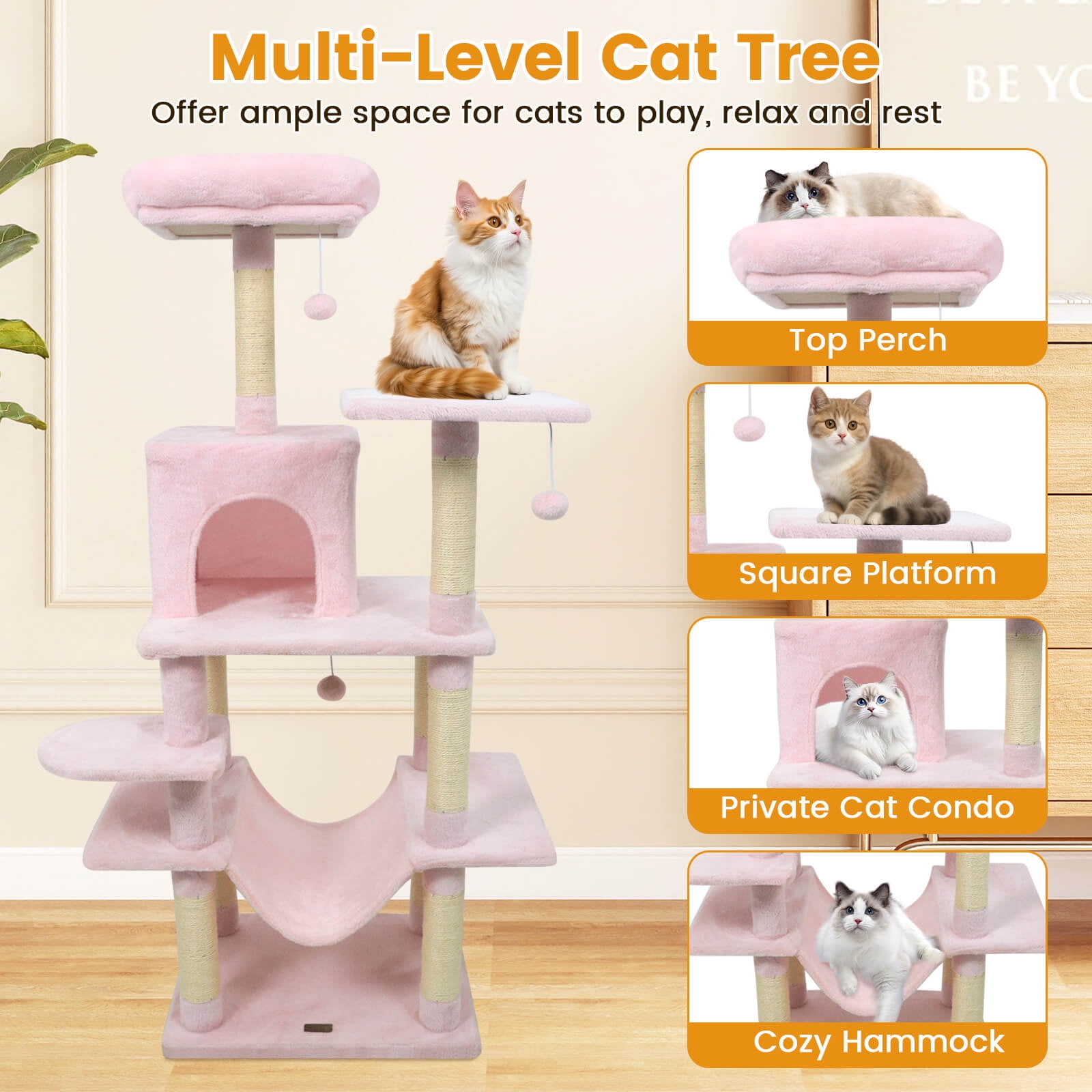 Costway 58” Tall Multi-level Cat Tree with Upholstered Perch & Cat Condo, Comfy Hammock Pink