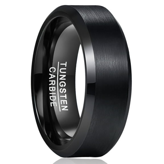 8mm Mens Black Wedding Bands Brushed Finish Tungsten Rings with Beveled Edge Size 9