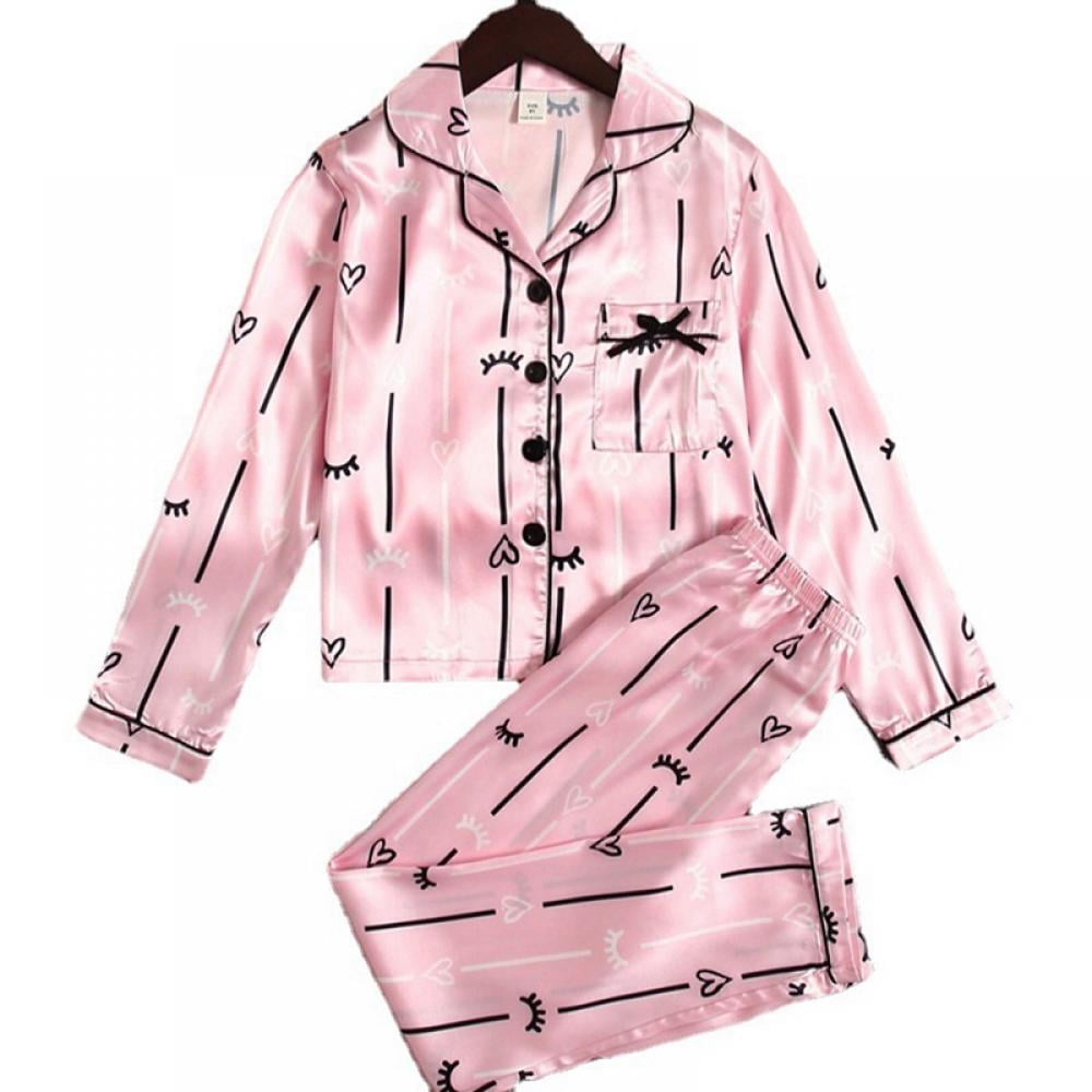 Little/Big Girls Button-Down Silk Pajamas Sets with Long Sleeve ...