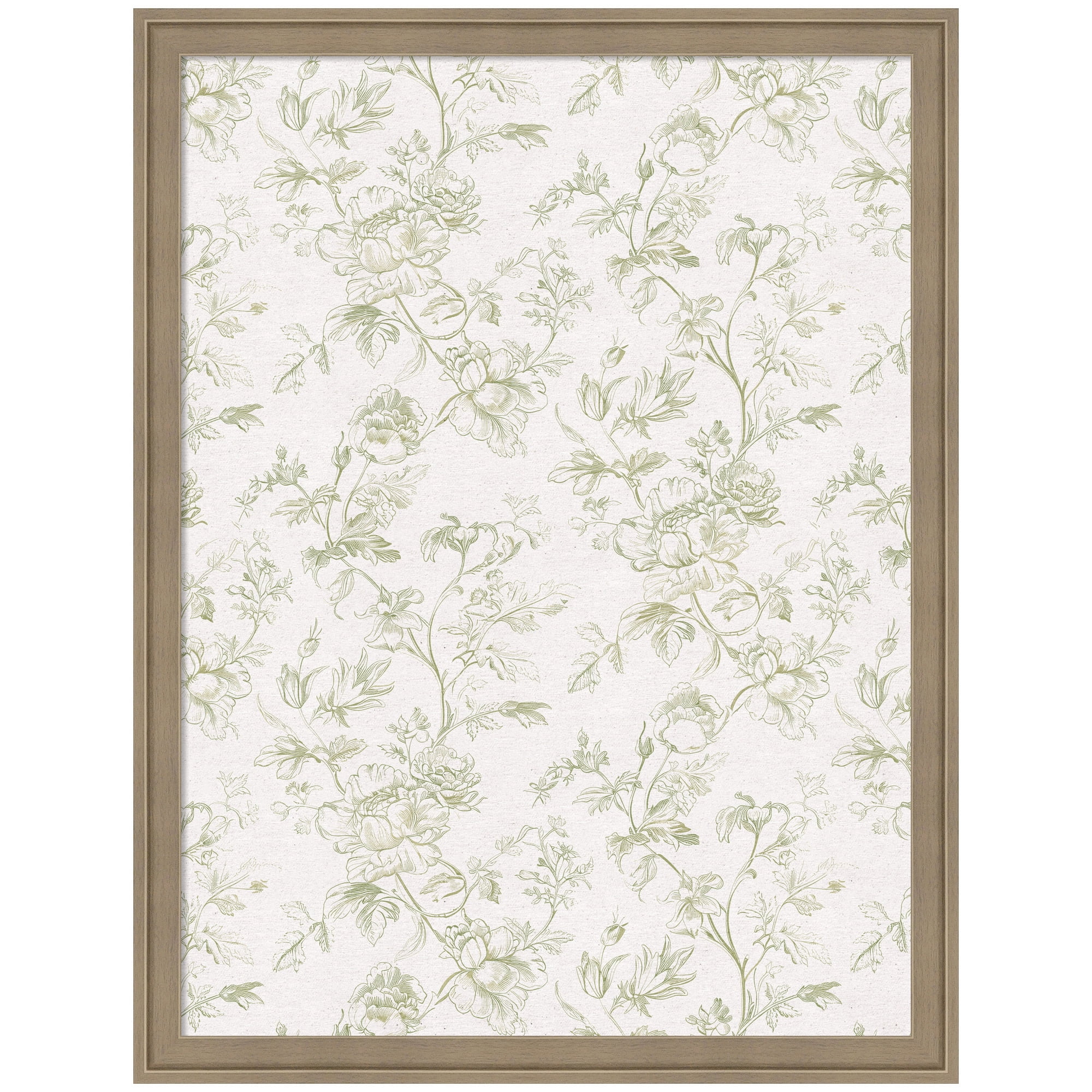 Kate and Laurel Framed Fabric Pinboard 20 x 26, Green and White Floral Toile Printed Linen Casual Transitional Bulletin Board for Vision Board or Wall Organization, Florence Light Brown Frame