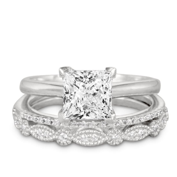 2 Ct Simulated Princess Cut Engagement Wedding Ring Band Set Sterling Silver 