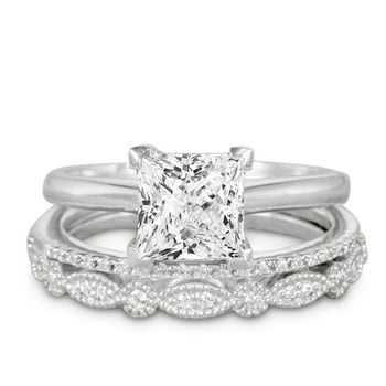 JeenMata 2 Carat Princess Wedding Ring Set - Bridal Set - Wedding Trio Set - Engagement Ring - Art Deco Ring - Promise Ring - Sterling Silver