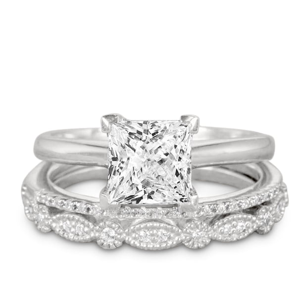 dagboek heilig Oneerlijkheid 2 Carat Princess Wedding Ring Set - Bridal Set - Wedding Trio Set - Engagement  Ring - Art Deco Ring - Promise Ring - Sterling Silver - Walmart.com