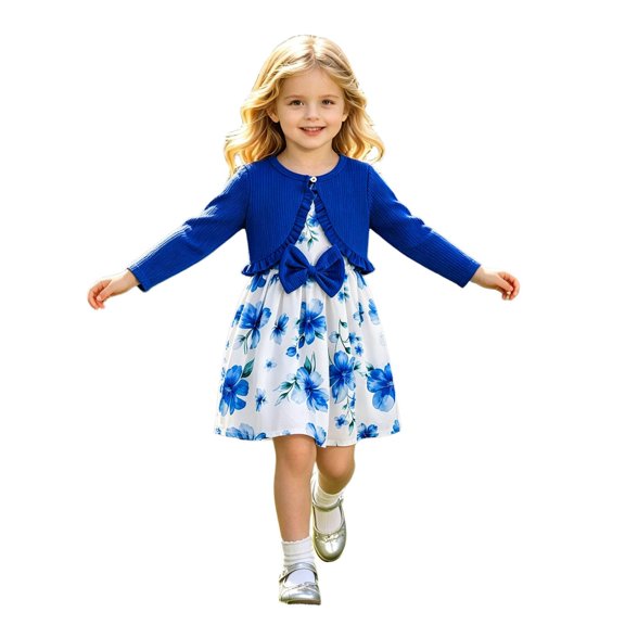 Tiijoy Girls Outfits Bow Floral Sleeveless Dress with Ruffle Cardigan Jacket, Sizes 2-8