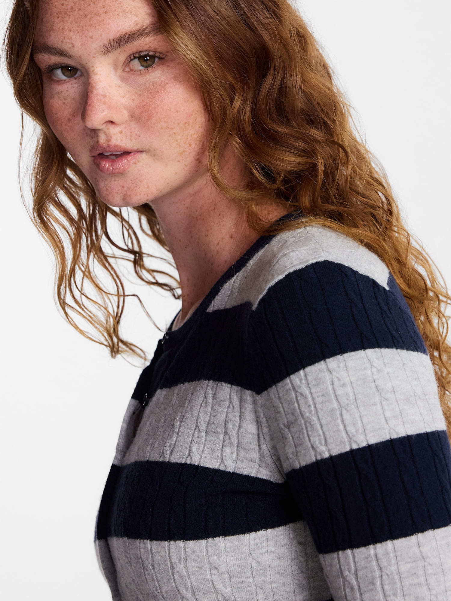 No Boundaries Cable Knit Crewneck Cardigan, Women's XXS-4X