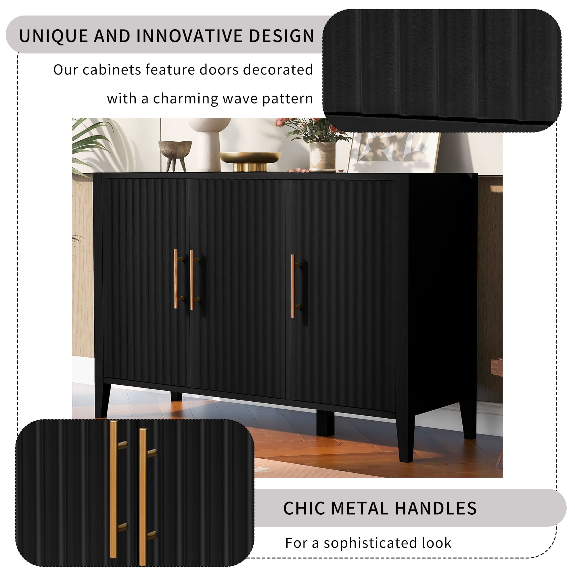 Mintazer 46.8" Fluted Sideboard Buffet Cabinet with 3 Door, Modern Wave Slatted Storage Credenza with Gold Metal Handles for Dining Room Living Room Entryway, Black