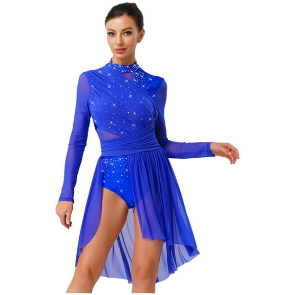 Hansber Women's Rhinestones Mesh Figure Skating Dress Backless Leotard with Skirt Flowy Lyrical Dance Dress Royal Blue S