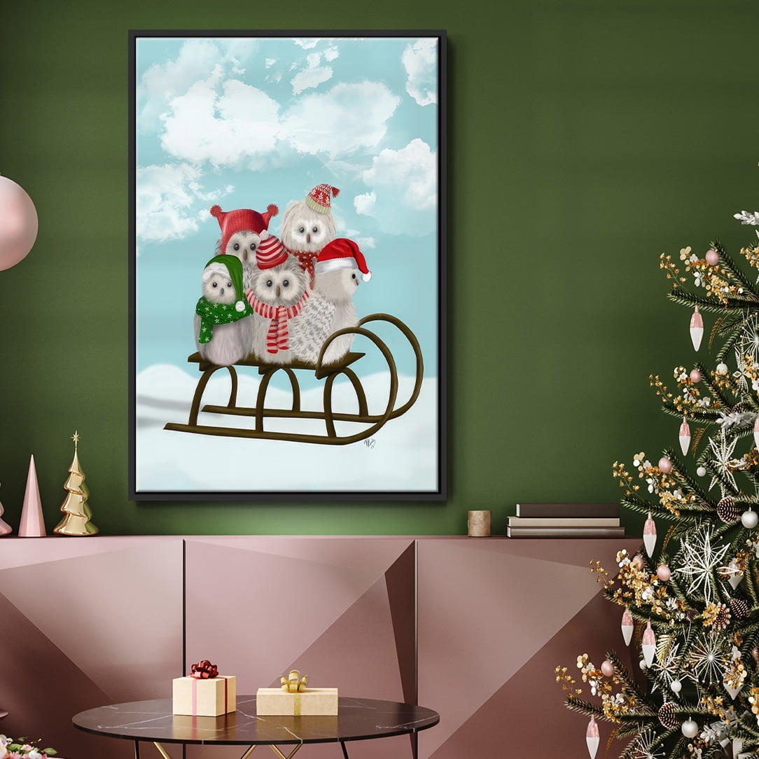 Christmas Christmas Owl Sled - Framed Gallery Wrapped Holiday Canvas - 27 x 41 - Black Frame