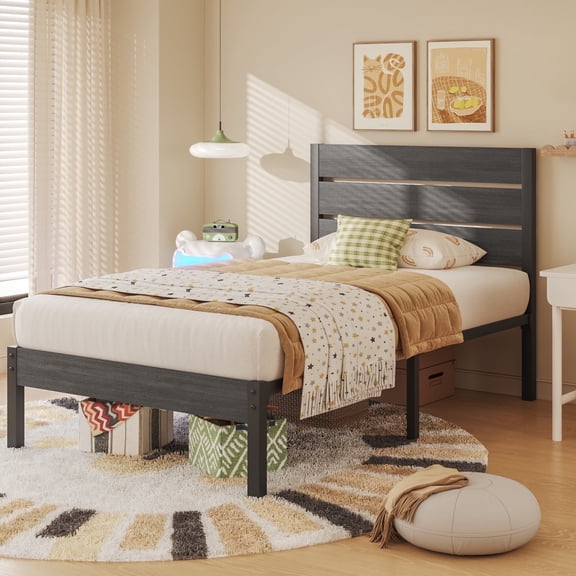 Fluest Twin Bed Frame with Rustic Vintage Wood Headboard and Footboard, Grey