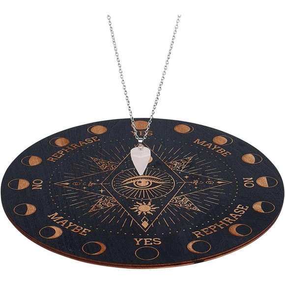 INFUNLY Witch Pendulum Board Eyes Runes Wooden Dowsing Planchette Board 7.9" Metaphysical Message Board with Pendulum Crystal Necklace for Beginners, Witchcraft Altar Supplies