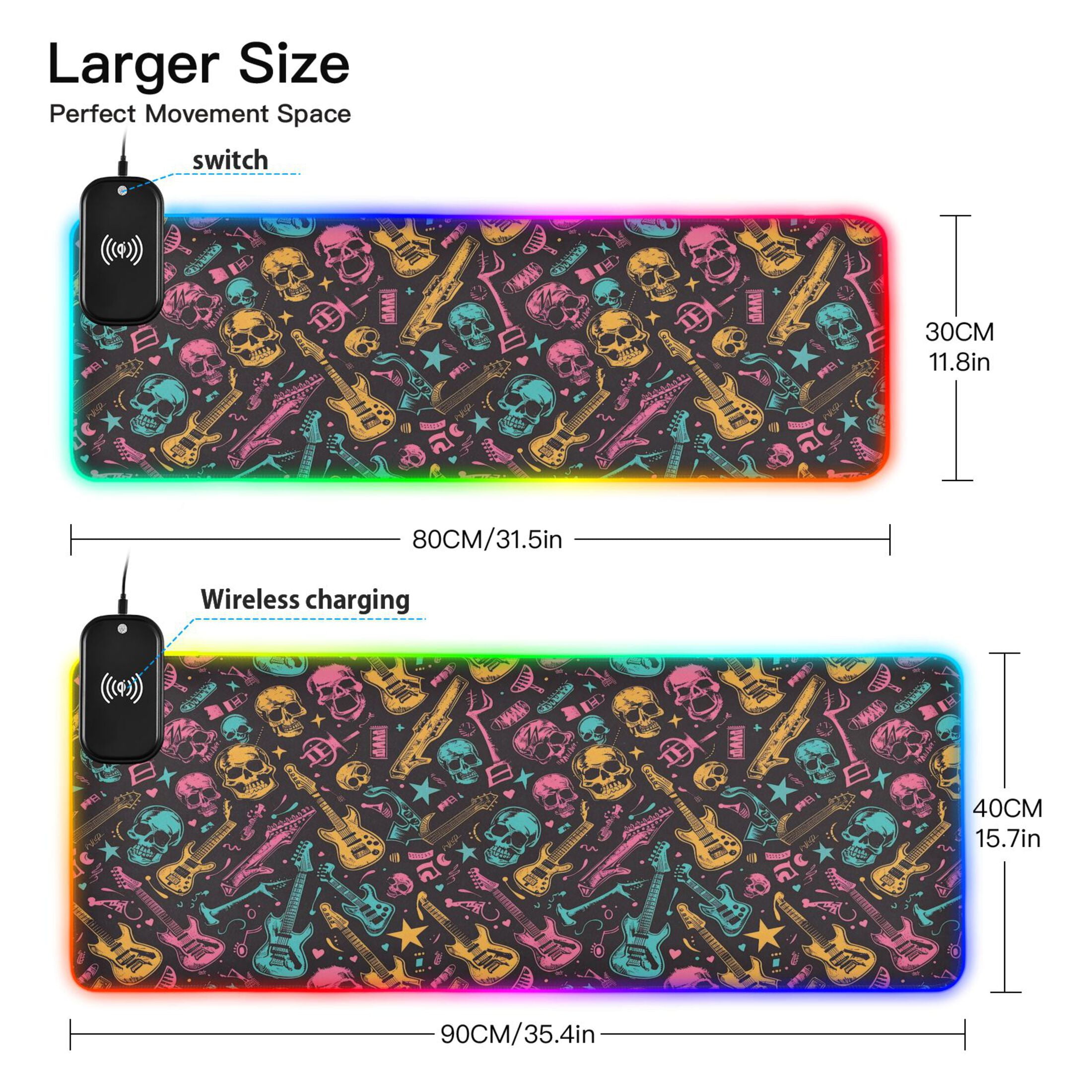 Wireless Charging Mouse Pad Large RGB Gaming Desk Mat 13 Light Modes Mousepad 31.5x11.8 Neon Guitar and Skull