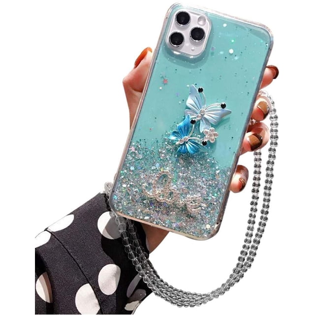 Crystal Glitter Mobile Phone Case Compatible with iPhone 11 Pro Max Case Transparent Diamond Butterfly Soft TPU Silicone and PC Bumper Protective Case with Crystal Chain Shockproof Case Cover