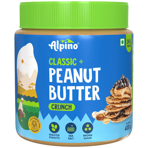 ALPINO Classic Peanut Butter Crunch 400 G - Roasted Peanuts, Brown Sugar & Sea Salt - 24g Protein, Gluten Free – Plant Based Peanut Butter Crunchy