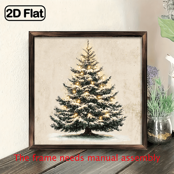 2D Flat, Vintage Golden Frame Watercolor Christmas Tree Wall Art - Elegant Beige Golden Ornate Framed Painting, 8x8 Inch Winter Snowy Pine Tree Decor for Living Room, Neutral Beige Background with