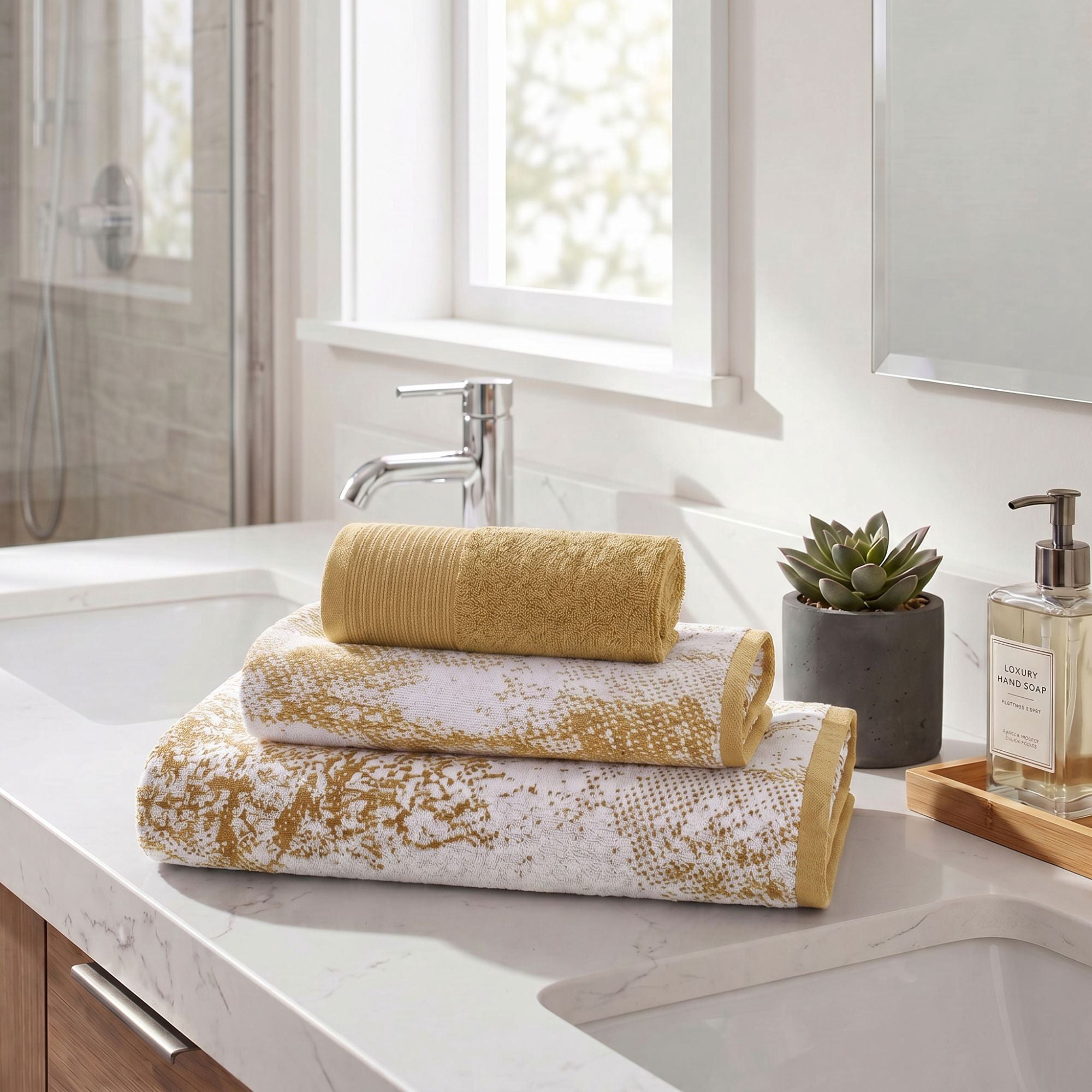 Superior Marble and Solid Jacquard Assorted Cotton 3 Piece Towel Set, Bronze