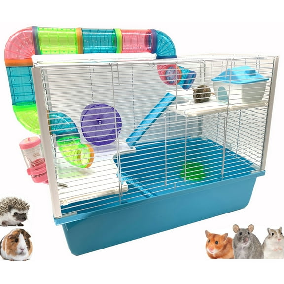 LARGE Deluxe 3-Story Hamster Habitat Mouse House Critters Cage Gerbil Mice with Complete Set of Accessories Expandable and Customizable Crossover Tube Tunnel