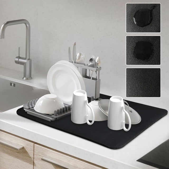 Tapete de secado de platos para encimera de cocina, tapete absorbente para cocina, tapete de café para encimeras, tapete para cafetera antideslizante de secado rápido (negro)
