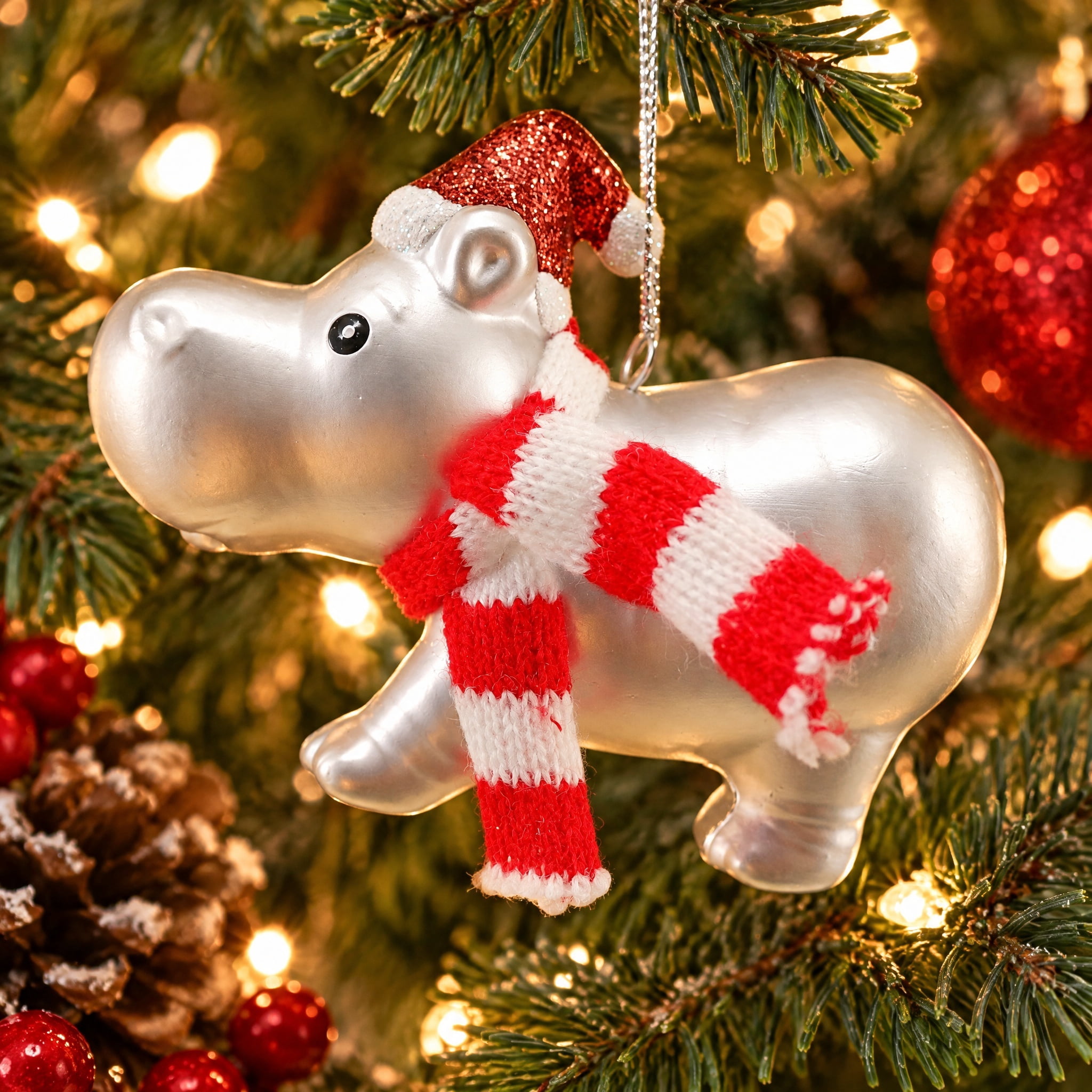 Red/White/Silver Hippo Christmas Ornament, 3", by Holiday Time