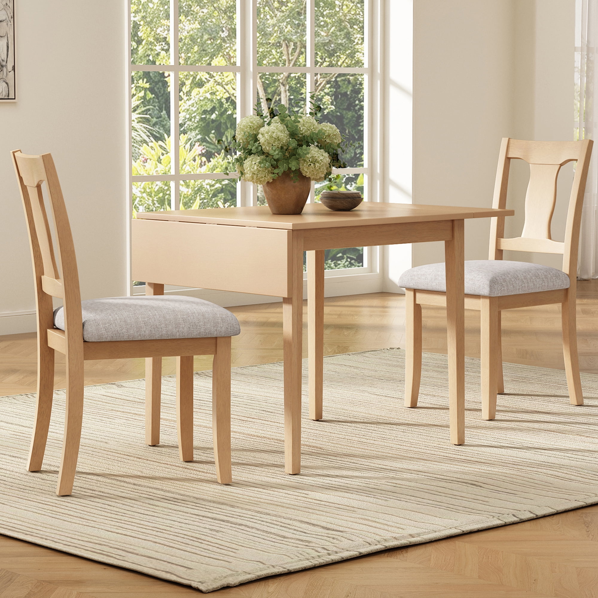 Euroco 3 Piece Wood Dining Table Set, Modern Breakfast Nook Kitchen Table Set with Drop Leaf and 2 Upholstered Chairs for Small Places,Natural