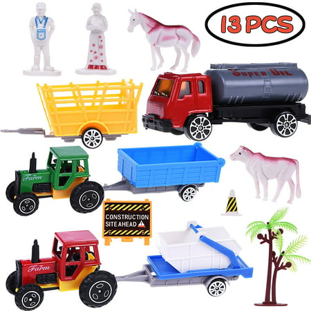 Boy Toy Car Farmer Truck Role Play Action Figure Diecast Vehicle Tow Trailer Play Set for Party Favors with Animals, Farmers, Wagons, Trucks, Accessories 13PCs (Best Live Action Game Trailers)